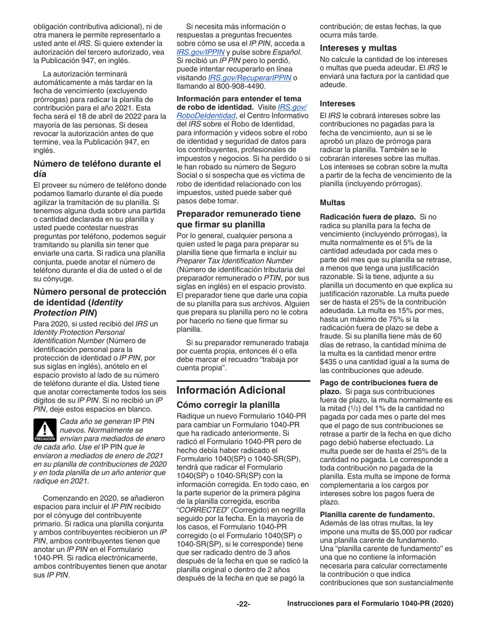 Instrucciones para IRS Formulario 1040-PR Planilla Para La Declaracion De La Contribucion Federal Sobre El Trabajo Por Cuenta Propia (Incluyendo El Credito Tributario Adicional Por Hijos Para Residentes Bona Fide De Puerto Rico) (Puerto Rican Spanish), Page 22