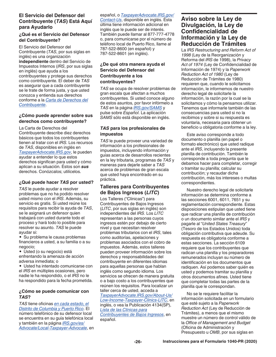 Instrucciones para IRS Formulario 1040-PR Planilla Para La Declaracion De La Contribucion Federal Sobre El Trabajo Por Cuenta Propia (Incluyendo El Credito Tributario Adicional Por Hijos Para Residentes Bona Fide De Puerto Rico) (Puerto Rican Spanish), Page 26