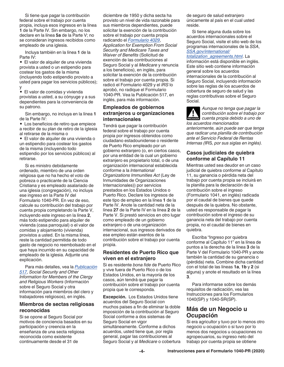 Instrucciones para IRS Formulario 1040-PR Planilla Para La Declaracion De La Contribucion Federal Sobre El Trabajo Por Cuenta Propia (Incluyendo El Credito Tributario Adicional Por Hijos Para Residentes Bona Fide De Puerto Rico) (Puerto Rican Spanish), Page 4