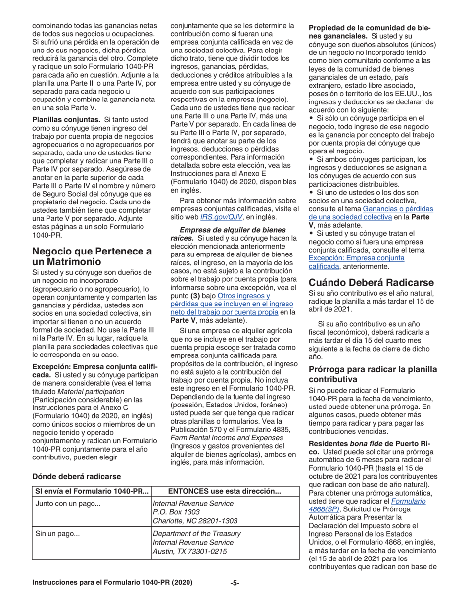 Instrucciones para IRS Formulario 1040-PR Planilla Para La Declaracion De La Contribucion Federal Sobre El Trabajo Por Cuenta Propia (Incluyendo El Credito Tributario Adicional Por Hijos Para Residentes Bona Fide De Puerto Rico) (Puerto Rican Spanish), Page 5