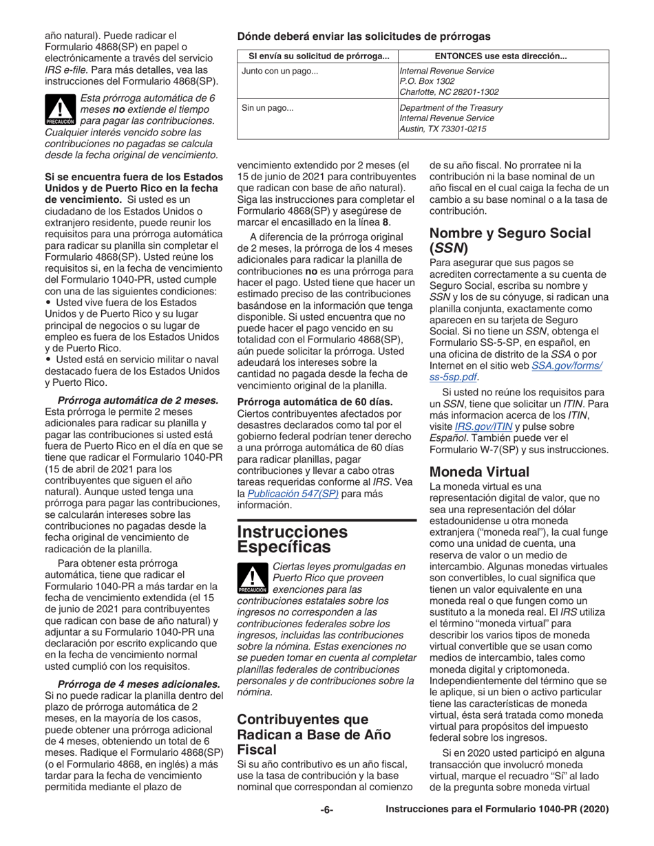 Instrucciones para IRS Formulario 1040-PR Planilla Para La Declaracion De La Contribucion Federal Sobre El Trabajo Por Cuenta Propia (Incluyendo El Credito Tributario Adicional Por Hijos Para Residentes Bona Fide De Puerto Rico) (Puerto Rican Spanish), Page 6