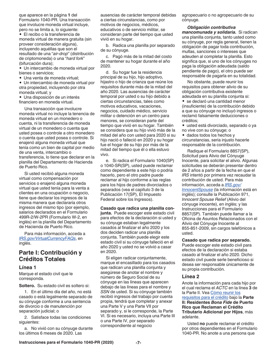 Instrucciones para IRS Formulario 1040-PR Planilla Para La Declaracion De La Contribucion Federal Sobre El Trabajo Por Cuenta Propia (Incluyendo El Credito Tributario Adicional Por Hijos Para Residentes Bona Fide De Puerto Rico) (Puerto Rican Spanish), Page 7