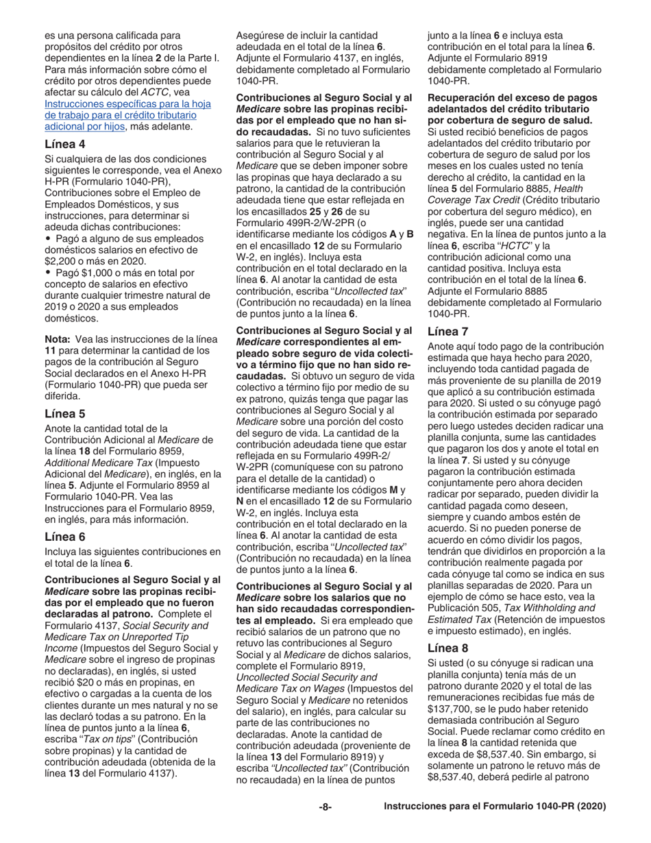 Instrucciones para IRS Formulario 1040-PR Planilla Para La Declaracion De La Contribucion Federal Sobre El Trabajo Por Cuenta Propia (Incluyendo El Credito Tributario Adicional Por Hijos Para Residentes Bona Fide De Puerto Rico) (Puerto Rican Spanish), Page 8
