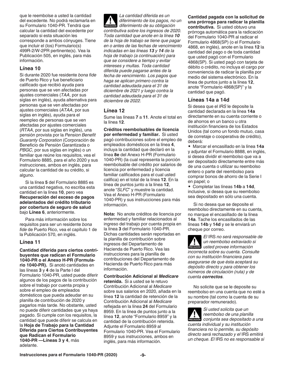 Instrucciones para IRS Formulario 1040-PR Planilla Para La Declaracion De La Contribucion Federal Sobre El Trabajo Por Cuenta Propia (Incluyendo El Credito Tributario Adicional Por Hijos Para Residentes Bona Fide De Puerto Rico) (Puerto Rican Spanish), Page 9