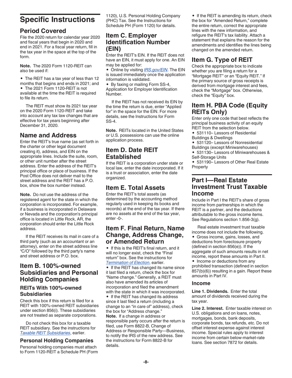 Instructions for IRS Form 1120-REIT U.S. Income Tax Return for Real Estate Investment Trusts, Page 8