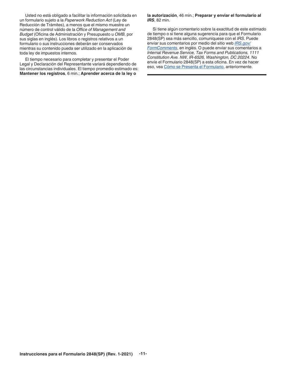 Instrucciones para IRS Formulario 2848(SP) Poder Legal Y Declaracion Del Representante (Spanish), Page 11