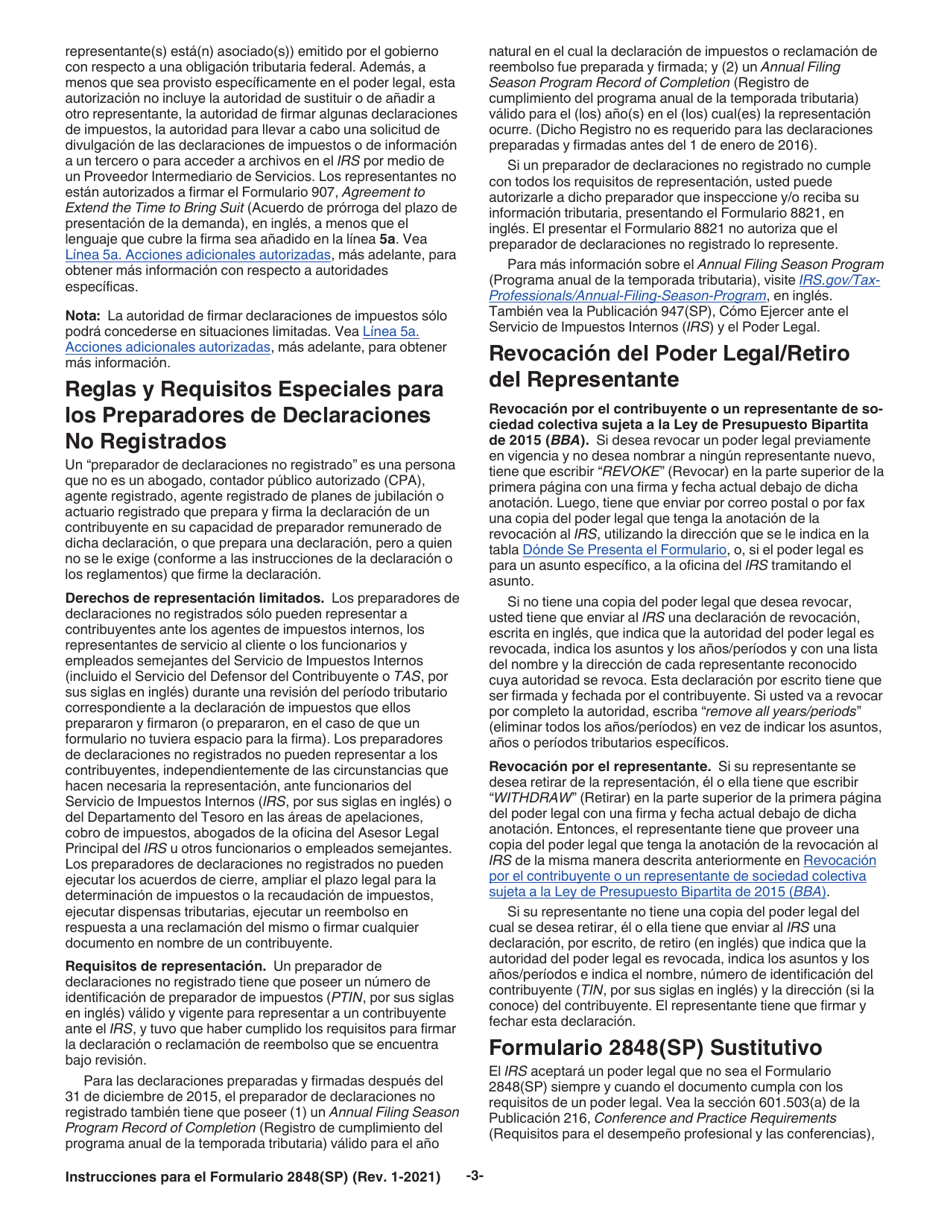 Instrucciones para IRS Formulario 2848(SP) Poder Legal Y Declaracion Del Representante (Spanish), Page 3