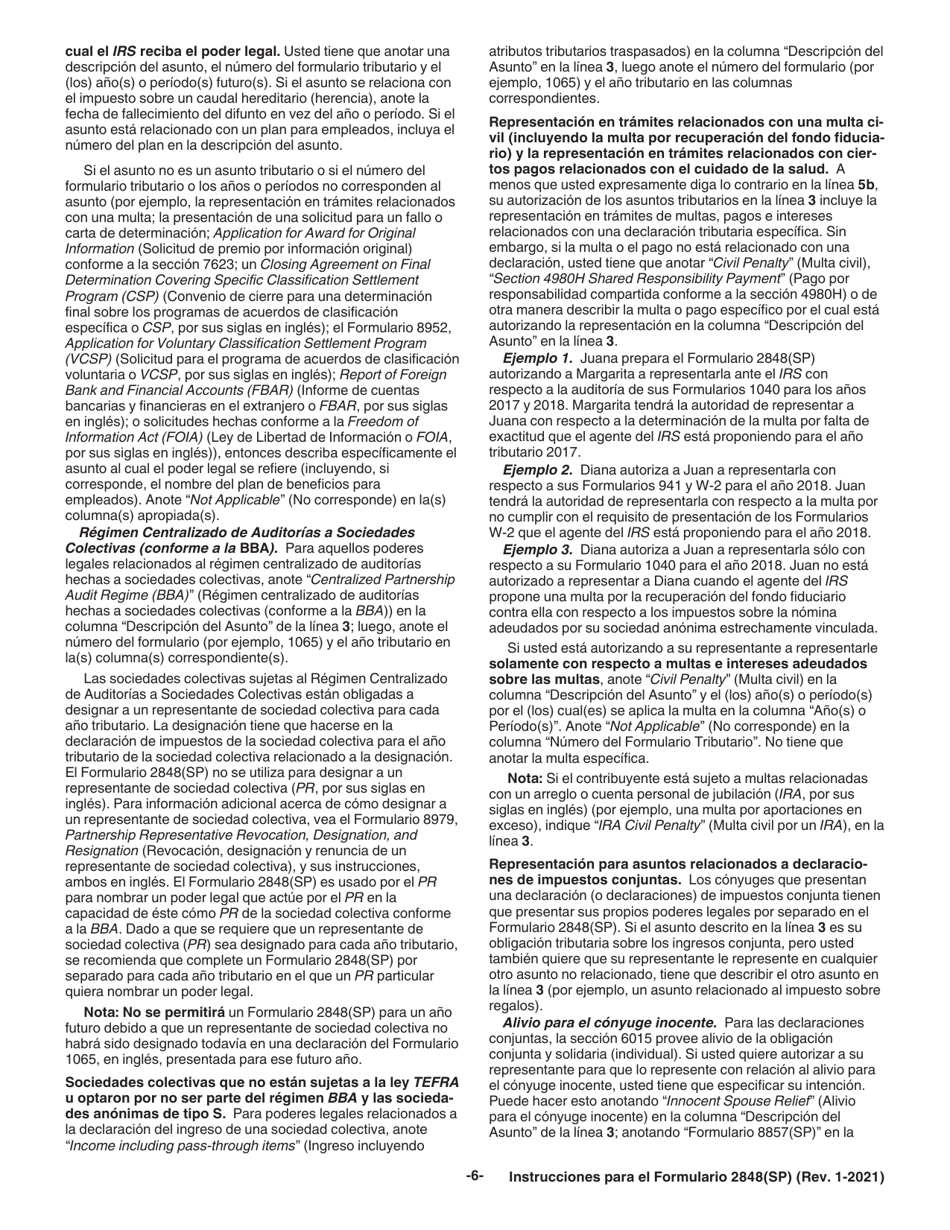 Instrucciones para IRS Formulario 2848(SP) Poder Legal Y Declaracion Del Representante (Spanish), Page 6