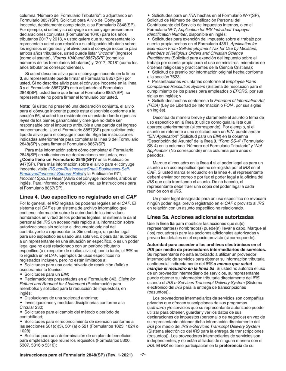 Instrucciones para IRS Formulario 2848(SP) Poder Legal Y Declaracion Del Representante (Spanish), Page 7