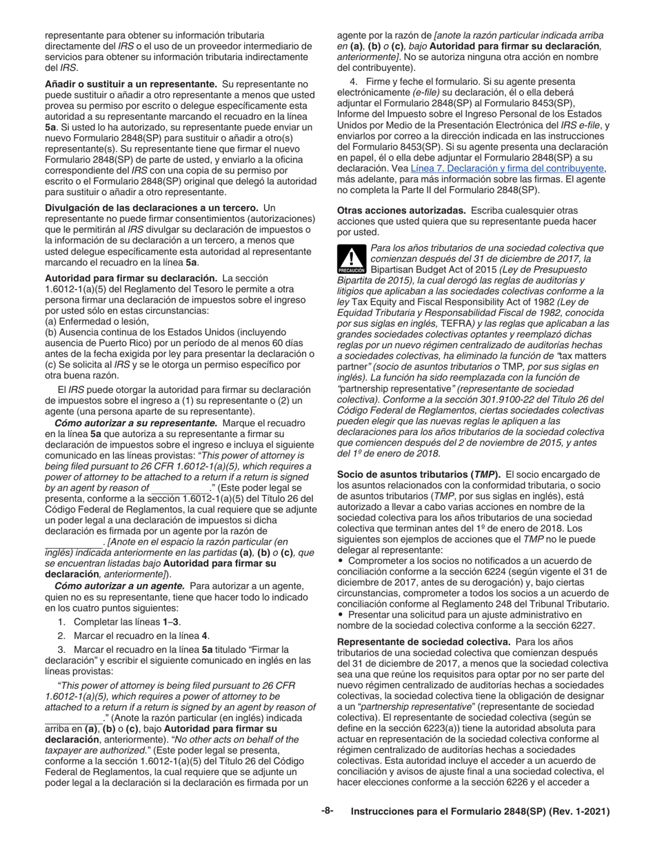Instrucciones para IRS Formulario 2848(SP) Poder Legal Y Declaracion Del Representante (Spanish), Page 8