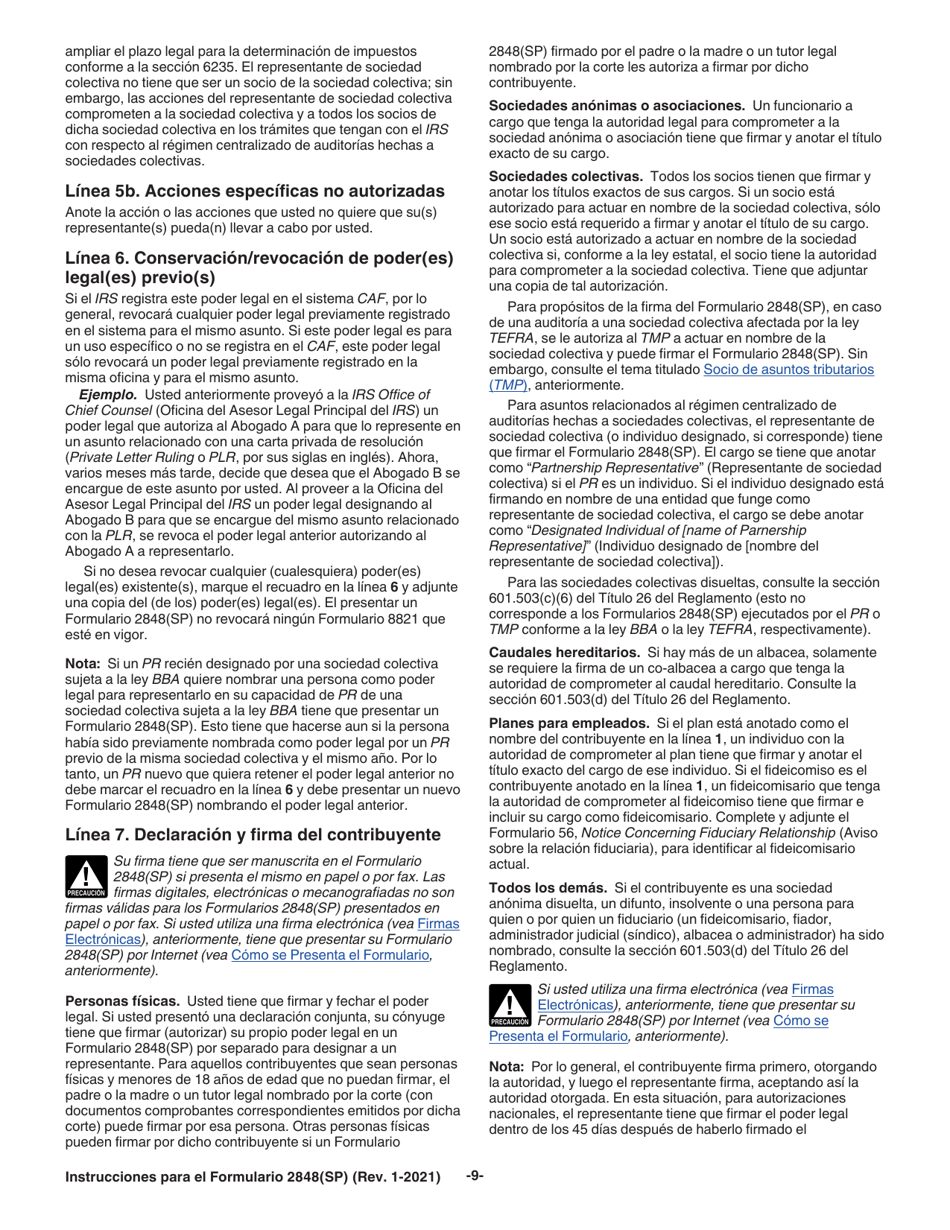 Instrucciones para IRS Formulario 2848(SP) Poder Legal Y Declaracion Del Representante (Spanish), Page 9