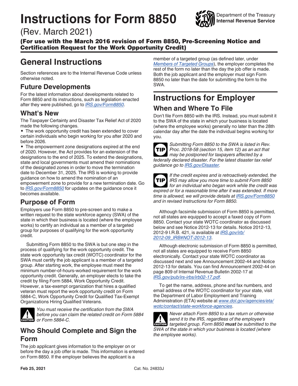 Instructions for IRS Form 8850 Pre-screening Notice and Certification Request for the Work Opportunity Credit, Page 1