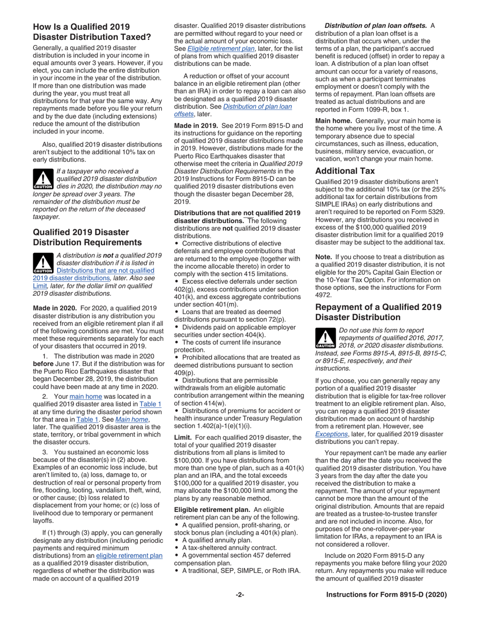 Instructions for IRS Form 8915-D Qualified 2019 Disaster Retirement Plan Distributions and Repayments, Page 2