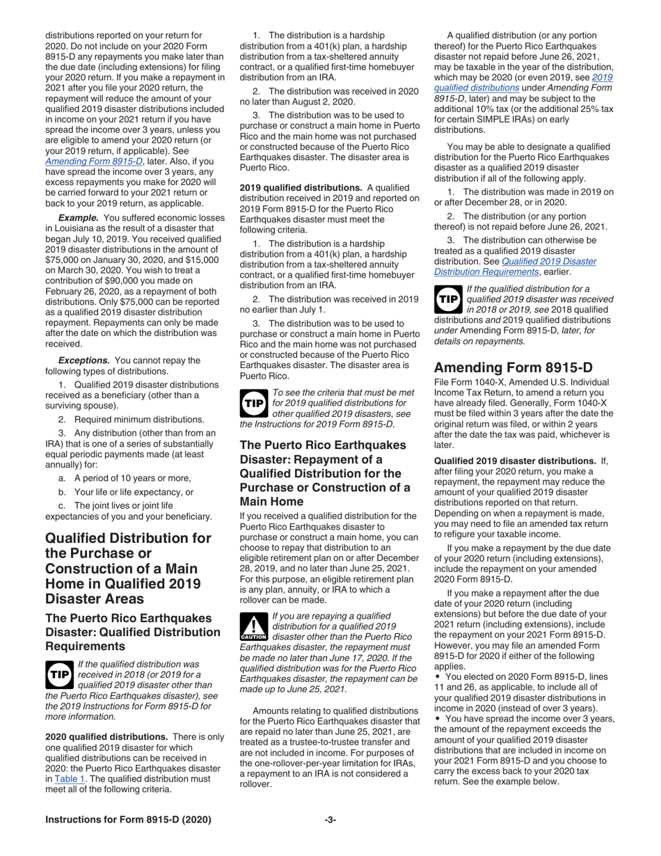 Instructions for IRS Form 8915-D Qualified 2019 Disaster Retirement Plan Distributions and Repayments, Page 3