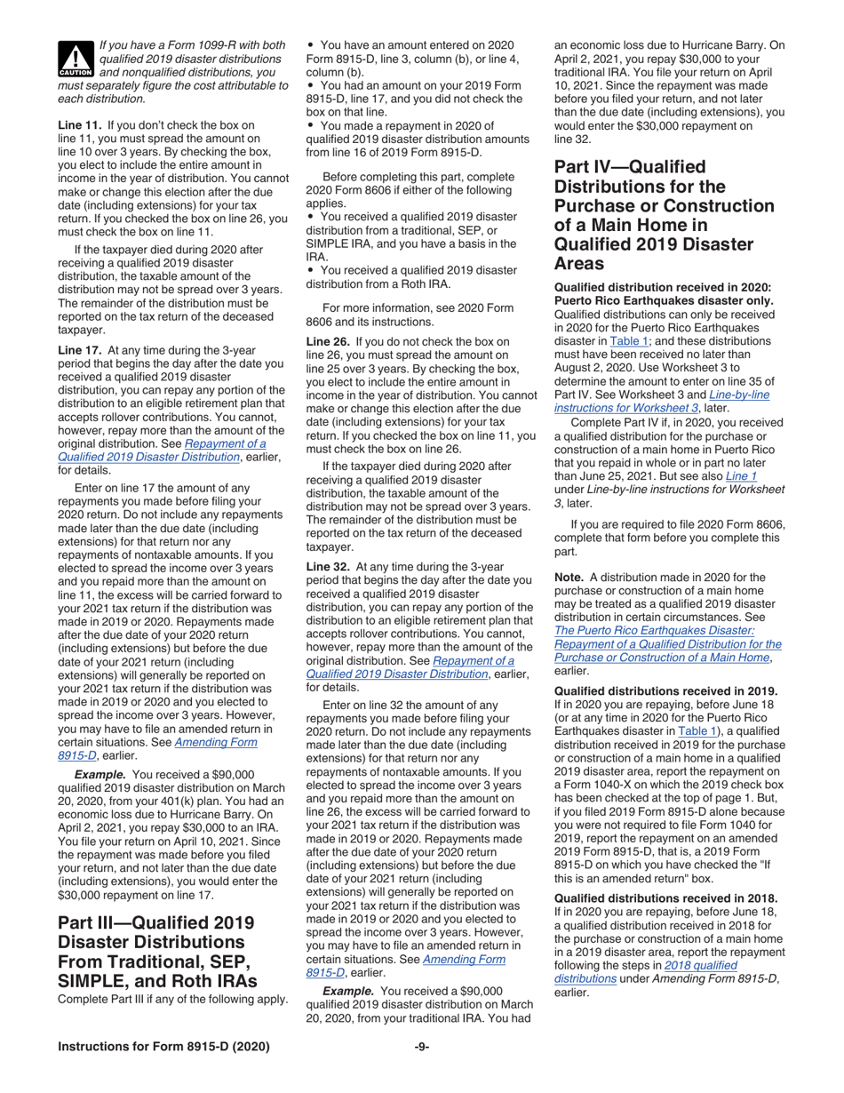 Instructions for IRS Form 8915-D Qualified 2019 Disaster Retirement Plan Distributions and Repayments, Page 9