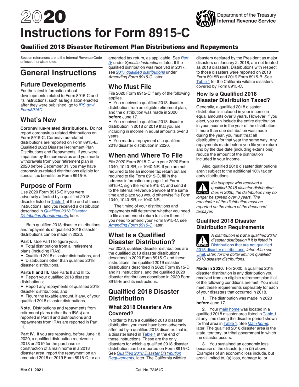 Instructions for IRS Form 8915-C Qualified 2018 Disaster Retirement Plan Distributions and Repayments, Page 1