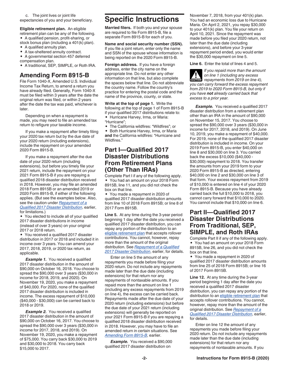 Instructions for IRS Form 8915-B Qualified 2017 Disaster Retirement Plan Distributions and Repayments, Page 2