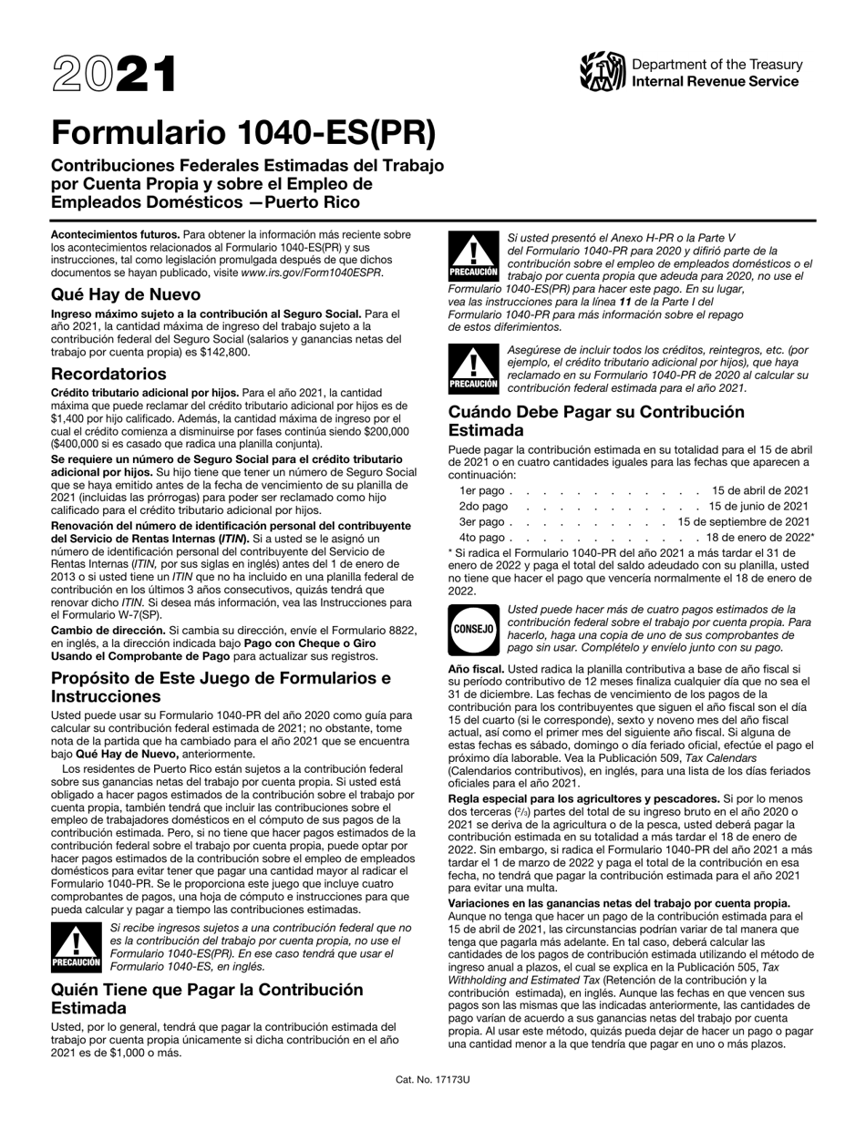 IRS Formulario 1040-ES(PR) Contribuciones Federales Estimadas Del Trabajo Por Cuenta Propia Y Sobre El Empleo De Empleados Domesticos - Puerto Rico (Puerto Rican Spanish), Page 1
