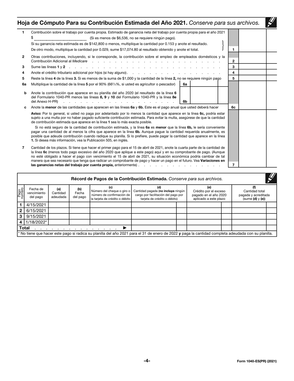 IRS Formulario 1040-ES(PR) Contribuciones Federales Estimadas Del Trabajo Por Cuenta Propia Y Sobre El Empleo De Empleados Domesticos - Puerto Rico (Puerto Rican Spanish), Page 4
