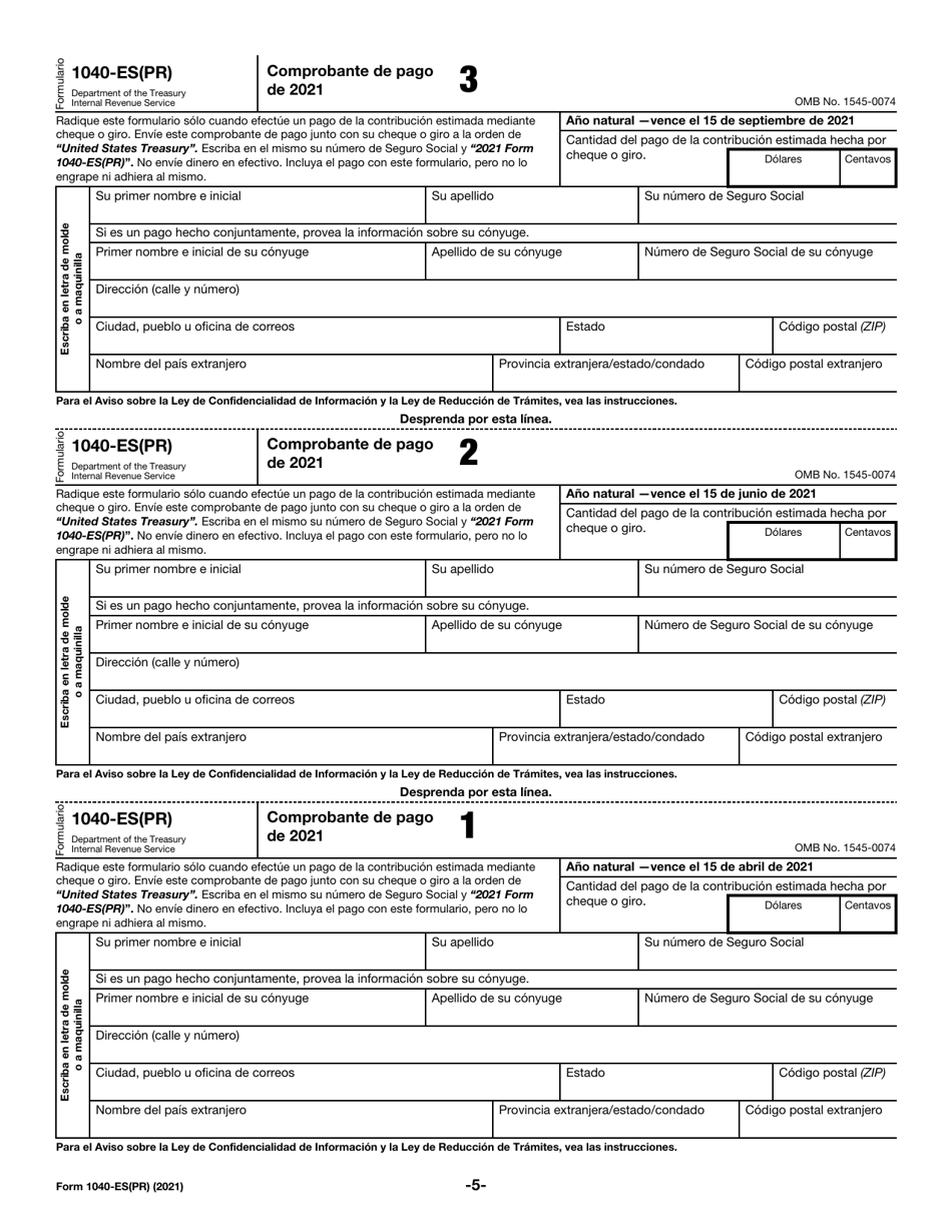 IRS Formulario 1040-ES(PR) Contribuciones Federales Estimadas Del Trabajo Por Cuenta Propia Y Sobre El Empleo De Empleados Domesticos - Puerto Rico (Puerto Rican Spanish), Page 5