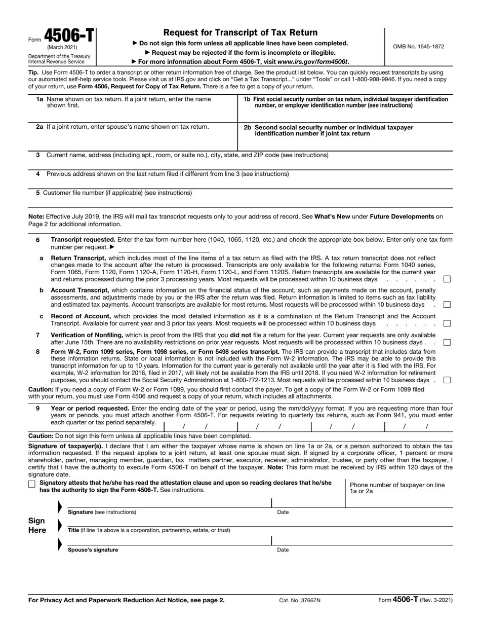 Irs Form 4506 T Request For Transcript Of Tax Return Print Big 