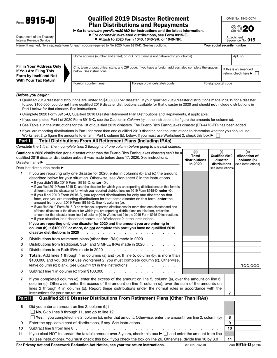 IRS Form 8915-D Qualified 2019 Disaster Retirement Plan Distributions and Repayments, Page 1