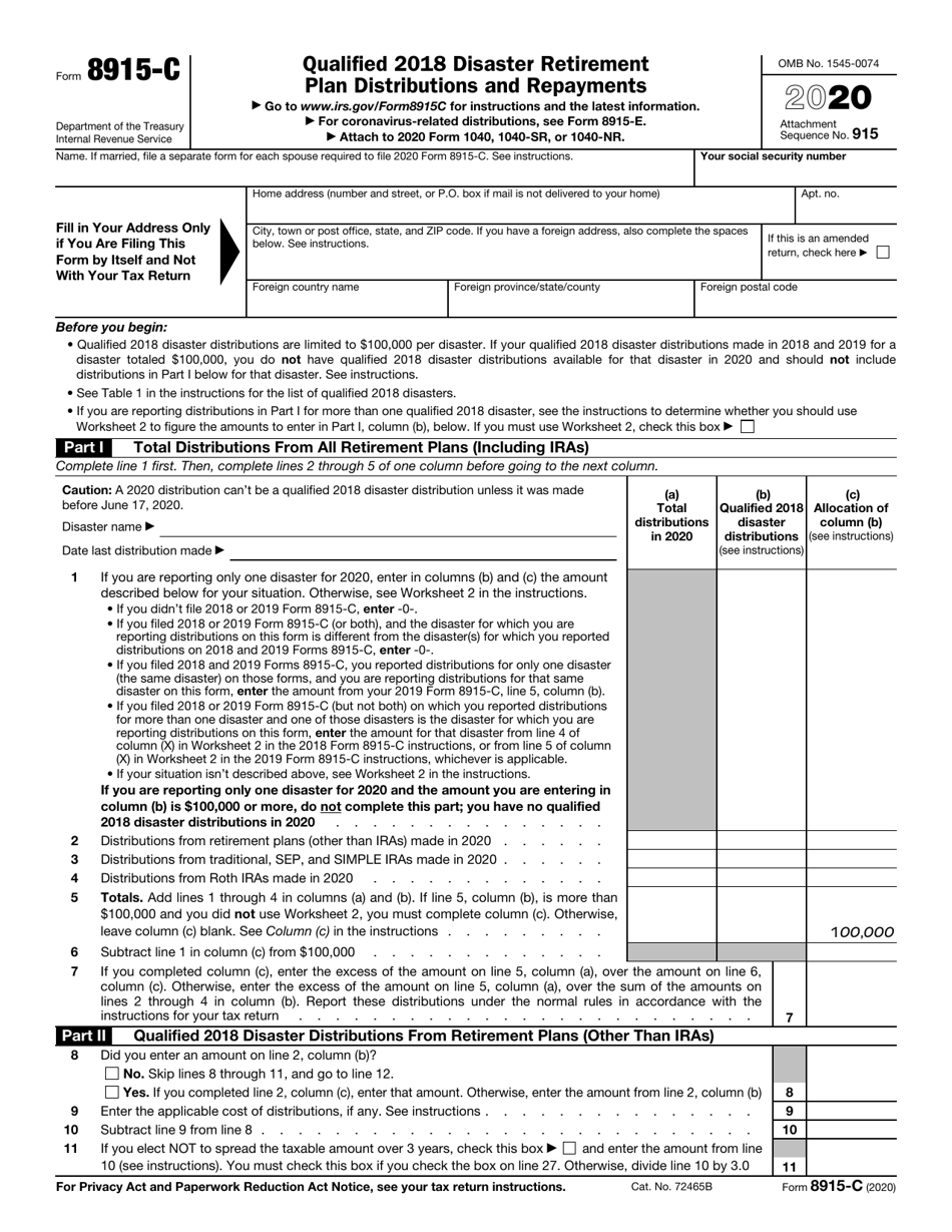 IRS Form 8915-C Qualified 2018 Disaster Retirement Plan Distributions and Repayments, Page 1