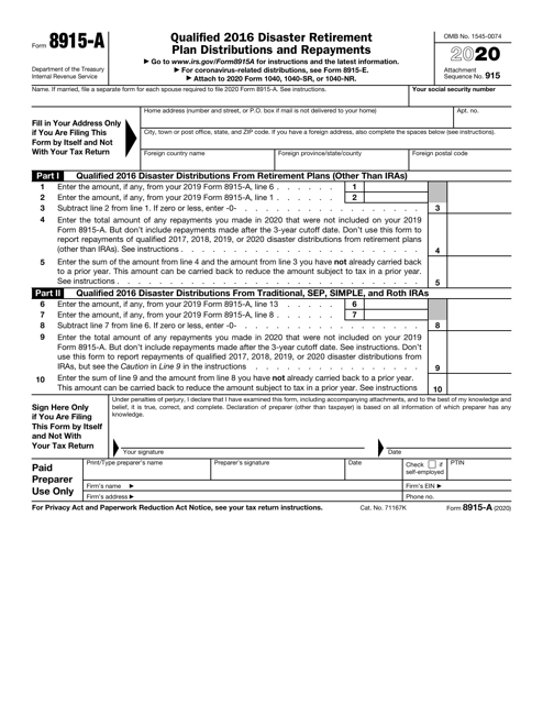 IRS Form 8915-A Qualified 2016 Disaster Retirement Plan Distributions and Repayments, 2020