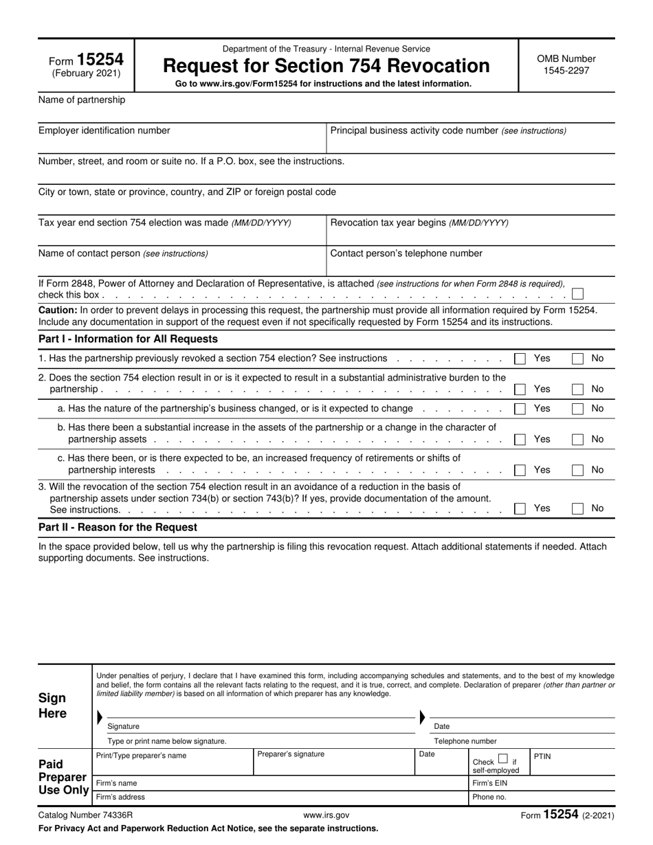 IRS Form 15254 Request for Section 754 Revocation, Page 1