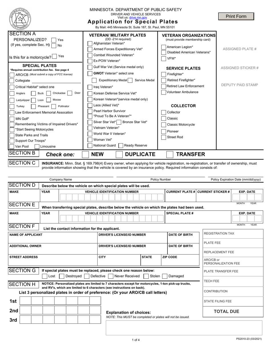 Form PS2010 Application for Special Plates - Minnesota, Page 1