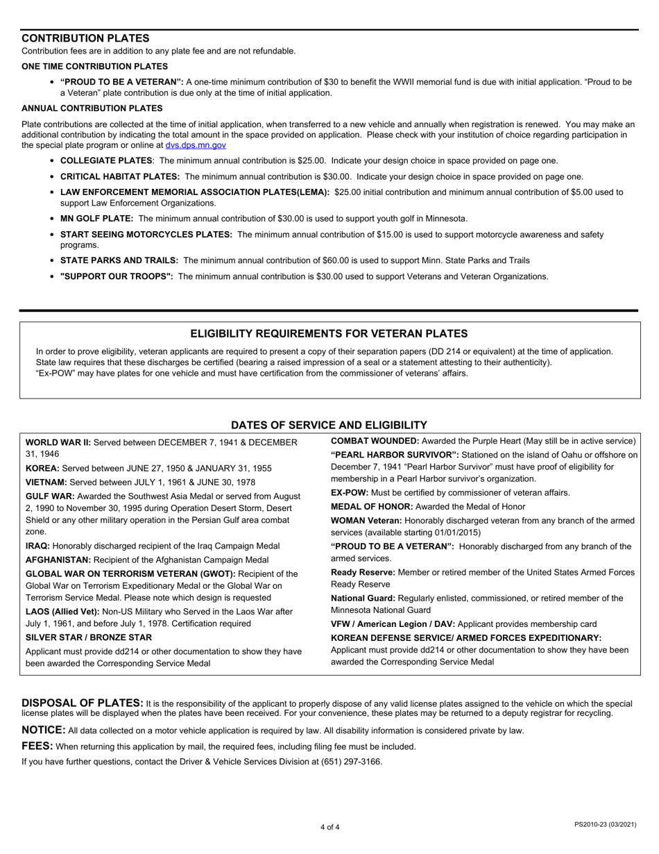Form PS2010 Application for Special Plates - Minnesota, Page 4