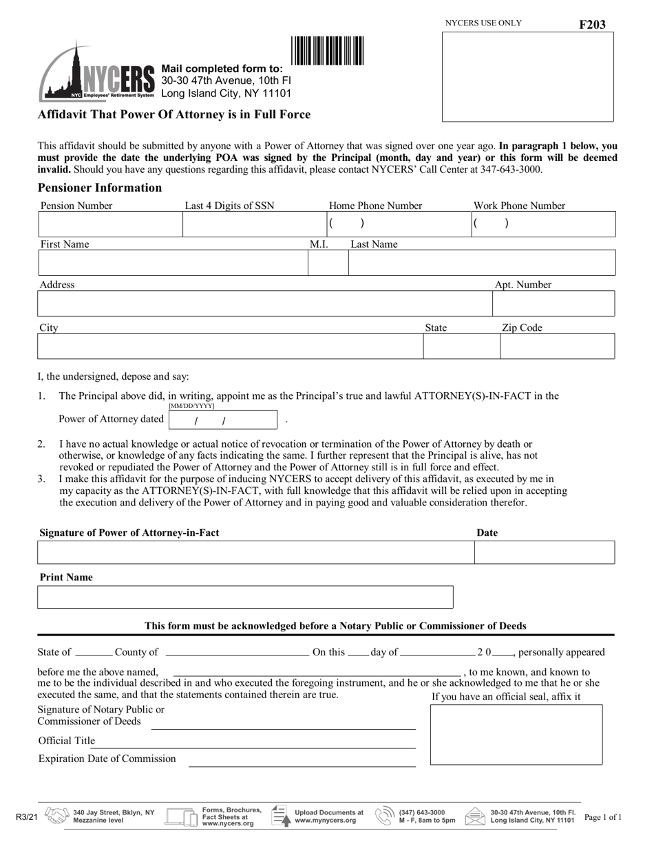 Form F203 Affidavit That Power of Attorney Is in Full Force - New York City, Page 1