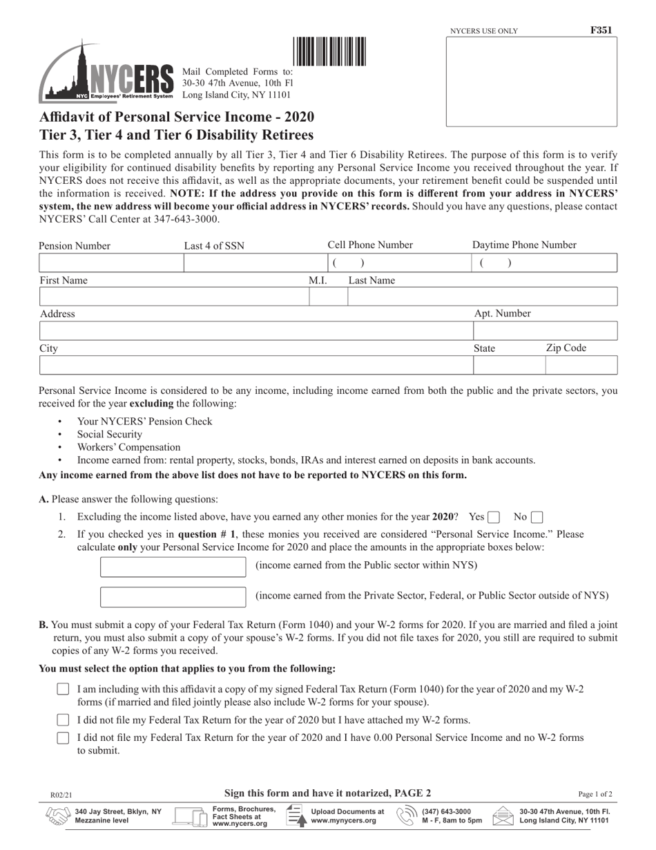Form F351 Affidavit of Personal Service Income - Tier 3, Tier 4 and Tier 6 Disability Retirees - New York City, Page 1