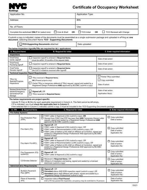Certificate of Occupancy Worksheet - New York City Download Pdf