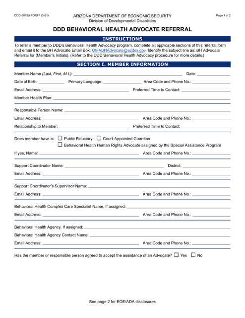 Form DDD-2093A Ddd Behavioral Health Advocate Referral - Arizona