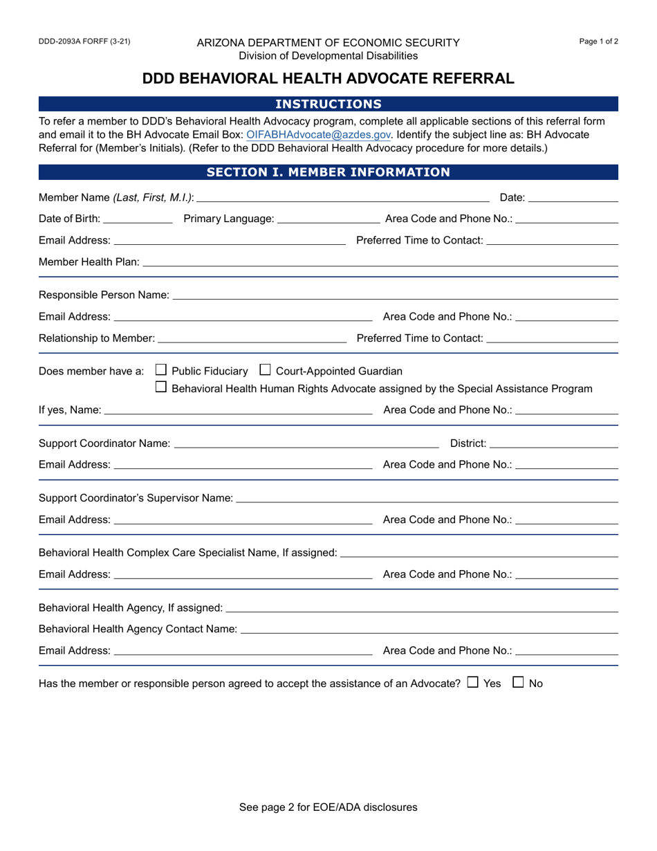 Form DDD-2093A Ddd Behavioral Health Advocate Referral - Arizona, Page 1