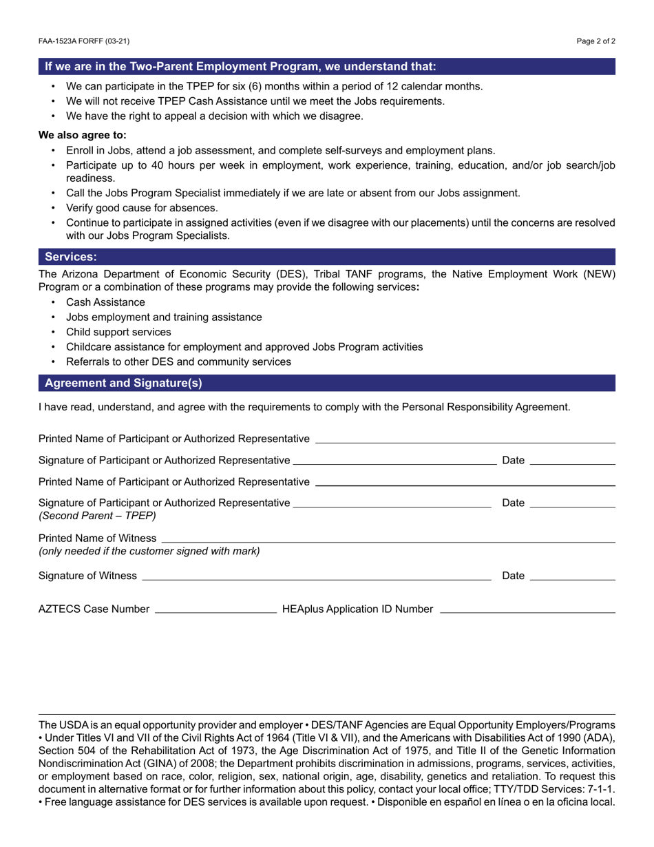 Form FAA-1523A Cash Programs Personal Responsibility Agreement (Pra) - Arizona, Page 2