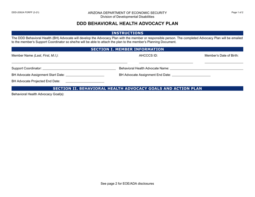 Form DDD-2092A Ddd Behavioral Health Advocacy Plan - Arizona