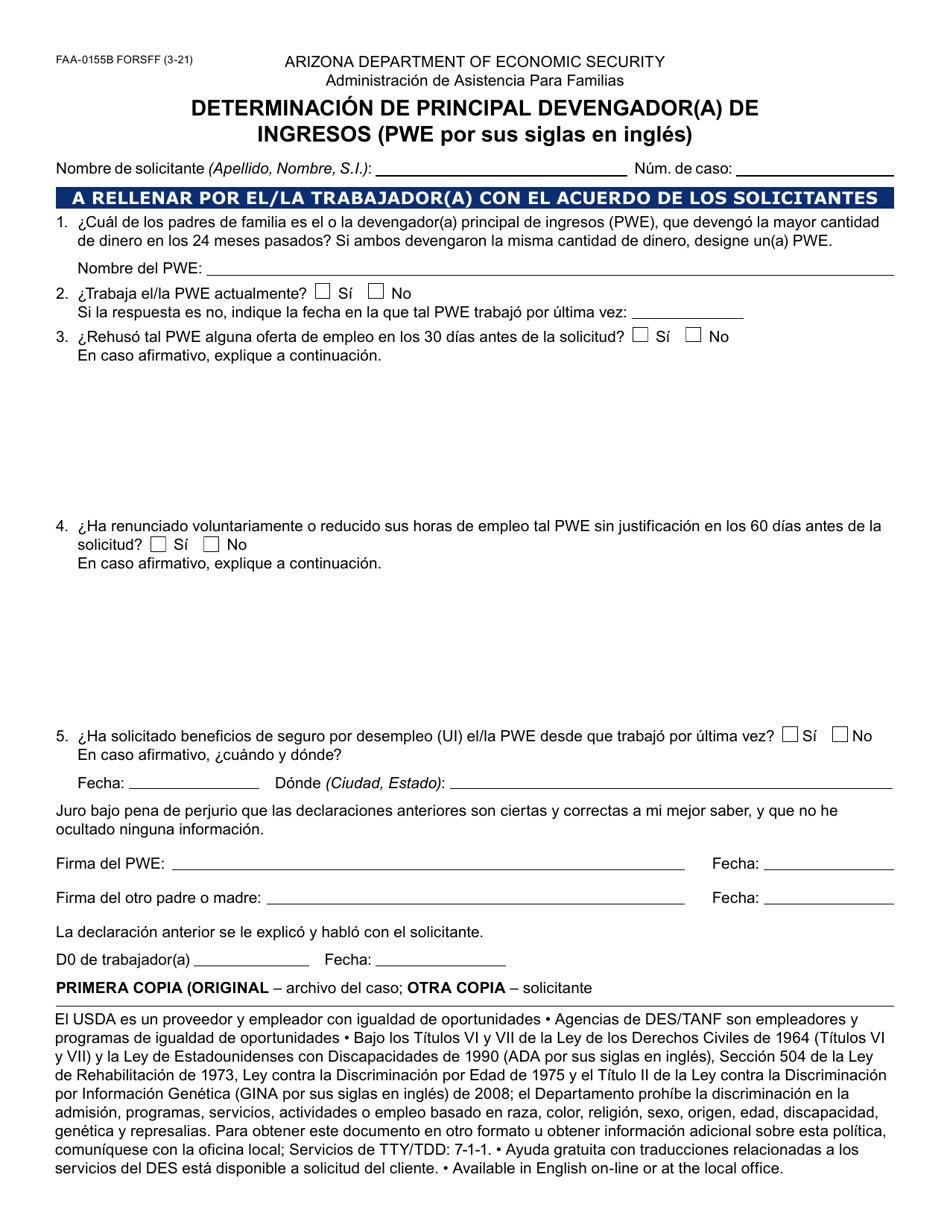 Formulario FAA-0155B-S Determinacion De Principal Devengador(A) De Ingresos (Pwe Por Sus Siglas En Ingles) - Arizona (Spanish), Page 1