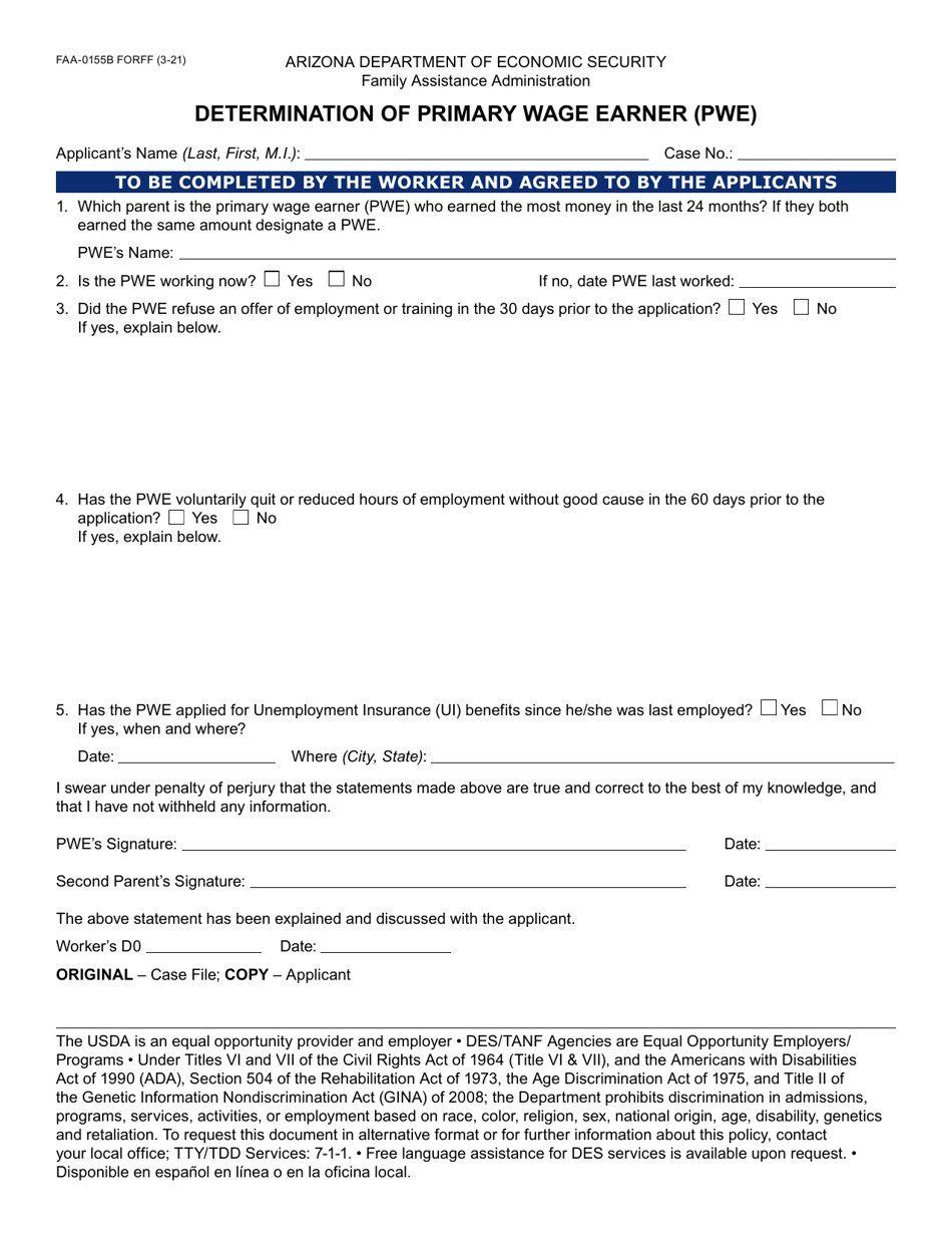 Form FAA-0155B Determination of Primary Wage Earner (Pwe) - Arizona, Page 1