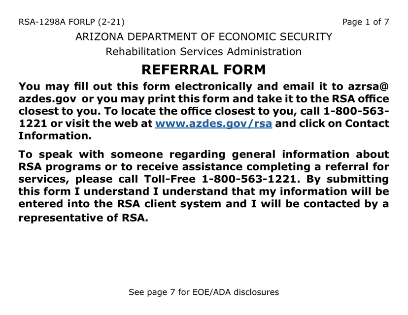 Form RSA-1298A-LP Referral Form (Large Print) - Arizona
