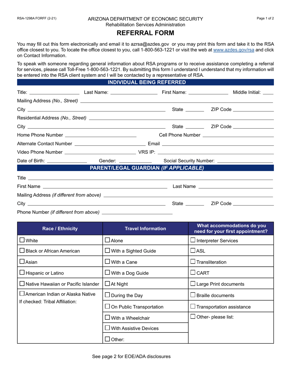 Form RSA-1298A Download Fillable PDF or Fill Online Referral Form ...