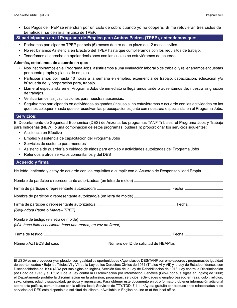Formulario FAA-1523A-S Acuerdo De Responsabilidad Personal (Pra) Del Programa De Asistencia En Efectivo - Arizona (Spanish), Page 2