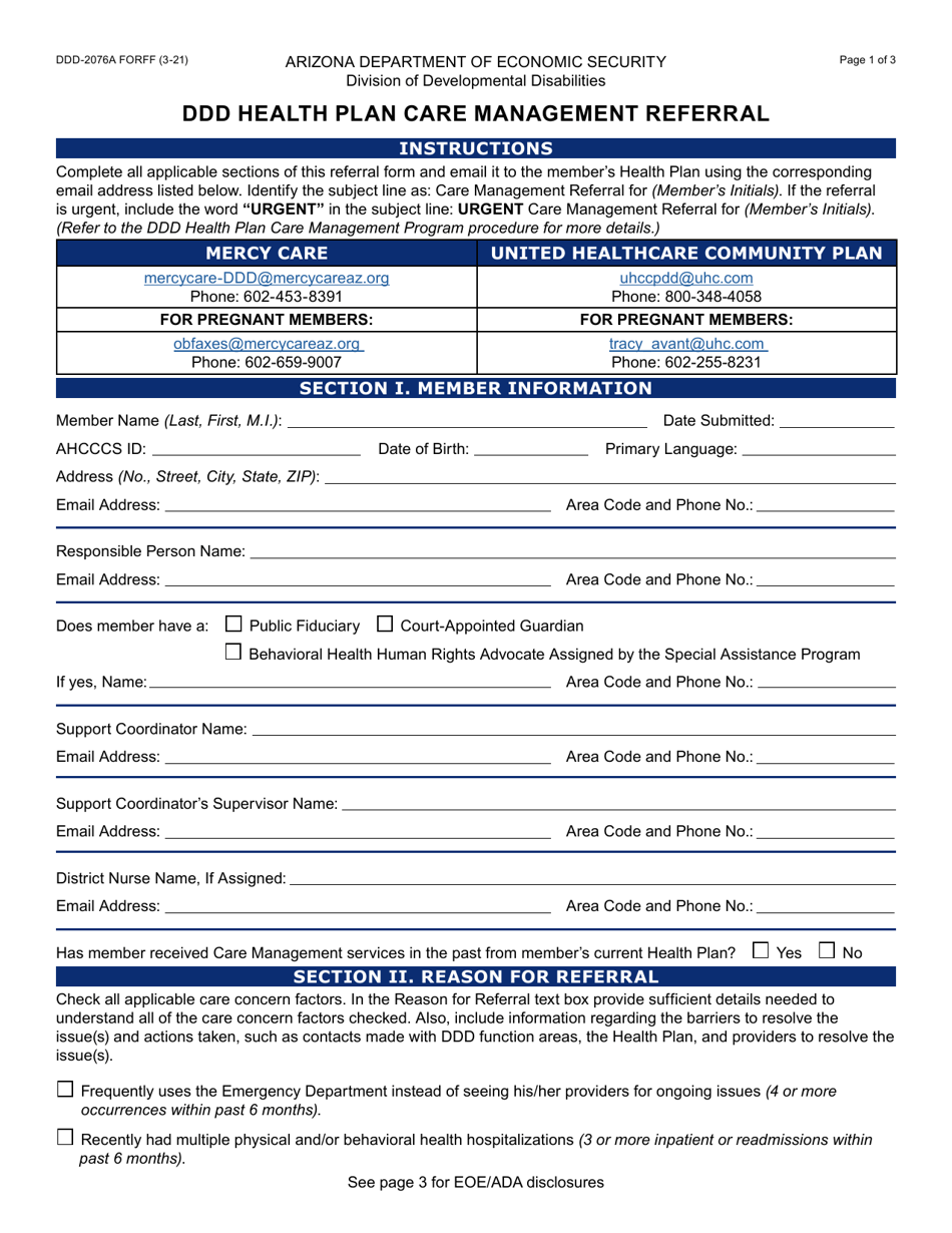 Form DDD-2076A Ddd Health Plan Care Management Referral - Arizona, Page 1