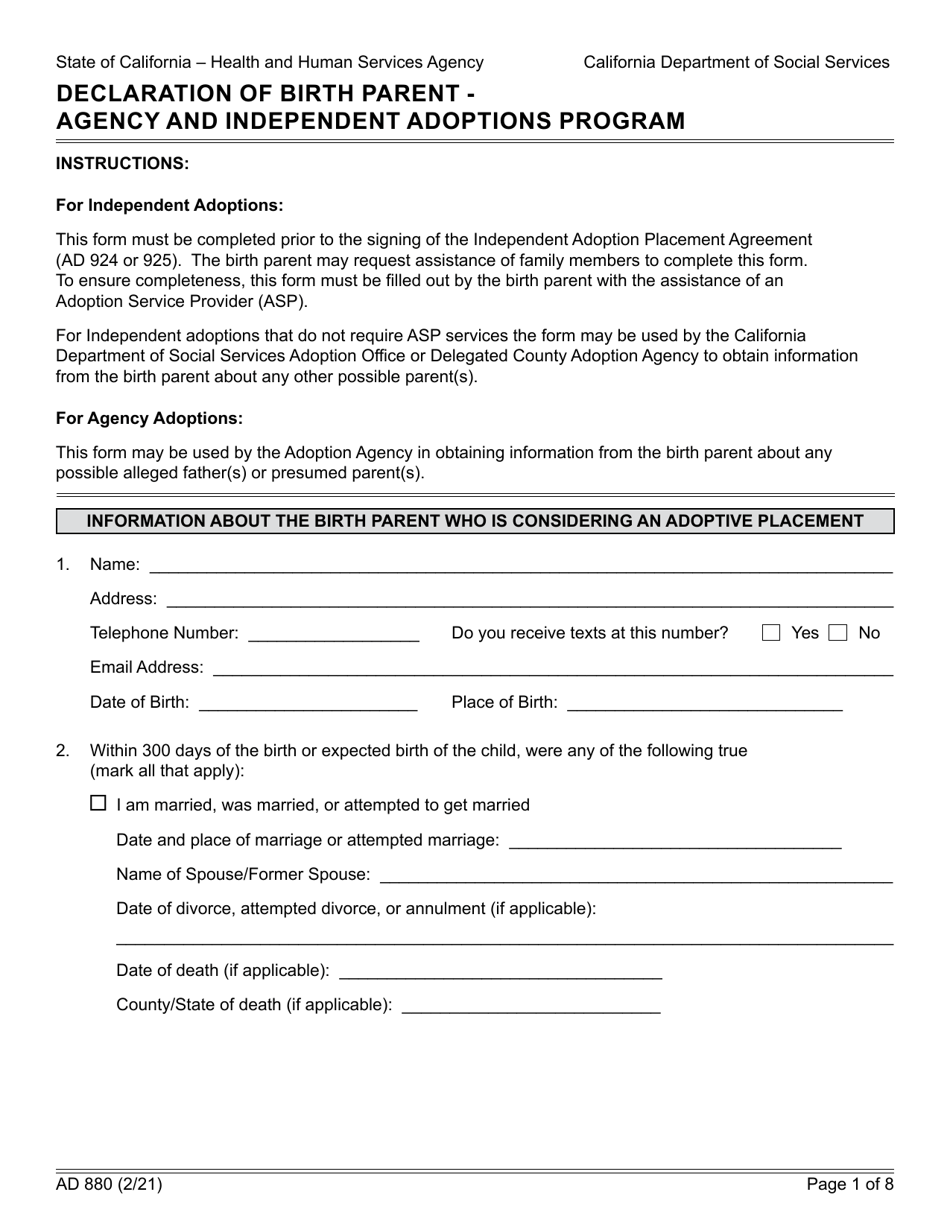 Form AD880 Declaration of Birth Parent - Agency and Independent Adoptions Program - California, Page 1