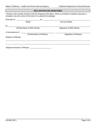 Form AD880 Declaration of Birth Parent - Agency and Independent Adoptions Program - California, Page 3