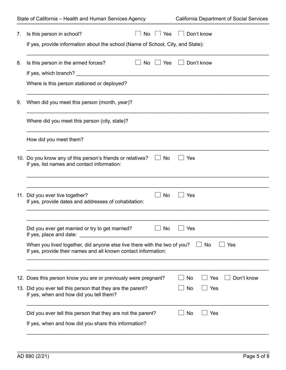 Form AD880 Declaration of Birth Parent - Agency and Independent Adoptions Program - California, Page 5