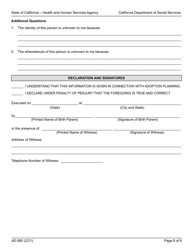 Form AD880 Declaration of Birth Parent - Agency and Independent Adoptions Program - California, Page 8