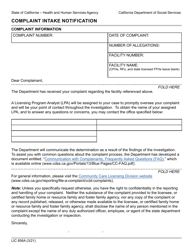 Document preview: Form LIC856A Complaint Intake Notification - California