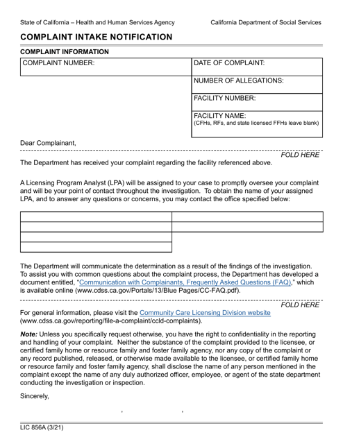 Form LIC856A Complaint Intake Notification - California